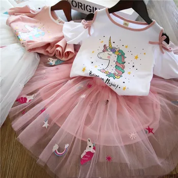 Lapsed Laste Ülikond Suvel Uus korea Tüdruk Cartoon Kleit Prindi Lühikeste varrukatega Kleidid, T-särk Kahe-töö Pundunud Vestidos Verano