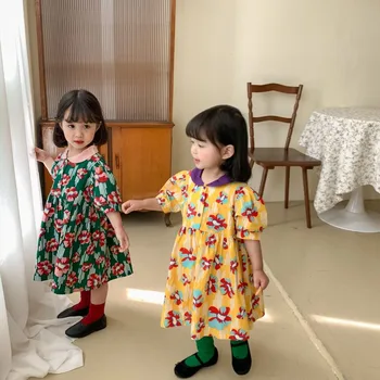 Laste Baby Lühikesed Puhvis Varrukad Suur Õie Kleidid Väikelapse Tüdrukud Retro Kunstnik Cotton Fashion Pricess Kleit Suveks 2021