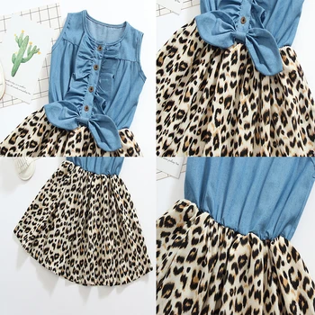 Laste Kleit Tüdrukute Kevad-Suvine Pool Kleit Vibu Teksad Leopard Trükkimine Pleisse Riideid Varrukateta Vabaaja Baby Kostüüm