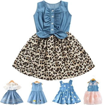 Laste Kleit Tüdrukute Kevad-Suvine Pool Kleit Vibu Teksad Leopard Trükkimine Pleisse Riideid Varrukateta Vabaaja Baby Kostüüm