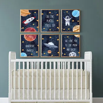 Lastetoa Seina Art Space Astronaut Pilt Kosmoselaev UFO Plakatid ja Pildid Laste Tuba Teenetemärgi Universumi Pilt Kid