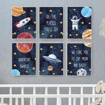 Lastetoa Seina Art Space Astronaut Pilt Kosmoselaev UFO Plakatid ja Pildid Laste Tuba Teenetemärgi Universumi Pilt Kid