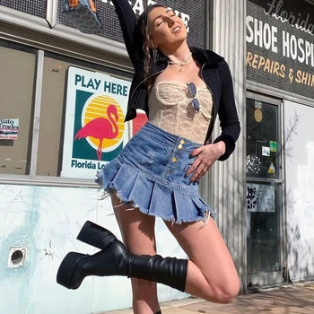 Lasti Streetwear Taskud Segast Plisseeritud Seelik Jean Naiste Mini Nuppu Up Lühike Denim Seelik Kõrge Vöökoht Klubi Y2K Seksikas Waatfaak
