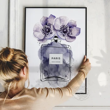 Lilla Lill Akvarell Parfüümi Pudeli Plakatid Seina Art Lõuend Maali Mood Lilled Vogue Prindib Elutuba Home Decor
