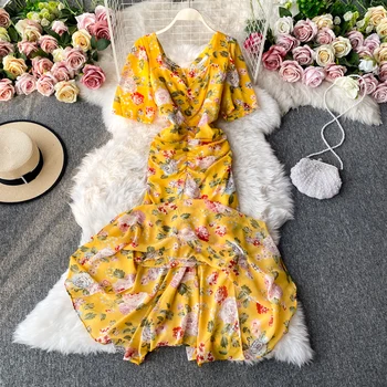 Lilleline kleit 2021 suvel uus stiil, puhvis varrukad talje temperament V-kaeluse sifonki kleit prantsuse retro fishtail kleit s495 72015