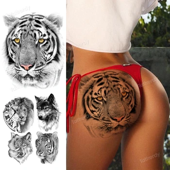 Loomade tätoveering, tiiger, lõvi pea hunt metsa seksikas suur keha tattoo naised armas võltsitud tätoveeringud reie jalg vee tätoveering kleebis seksikas