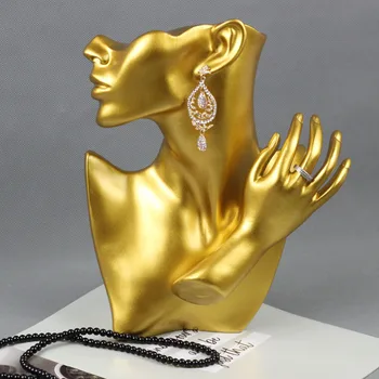 Loominguline Vaik Kuld Pea Küljest Ehted Display Rack Prop Omanik Komplekt Käevõru, Kaelakee& Ring Ekraan H0085