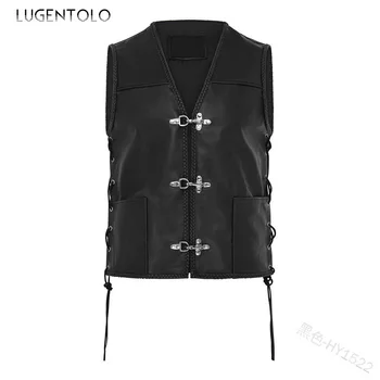 Lugentolo Vintage Vest Mantel Meeste V-kaelus Nahast Vest Single-breasted Pu Jope Pool Side Varrukateta Suured Särgid