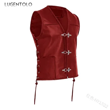 Lugentolo Vintage Vest Mantel Meeste V-kaelus Nahast Vest Single-breasted Pu Jope Pool Side Varrukateta Suured Särgid