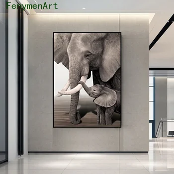 Lõuend Maali Elevant ja Elevant beebi Plakat Ja Printida Must-Valge Loomade Seina Art Modern Pilt Cuadros Koju, Tuba Decor