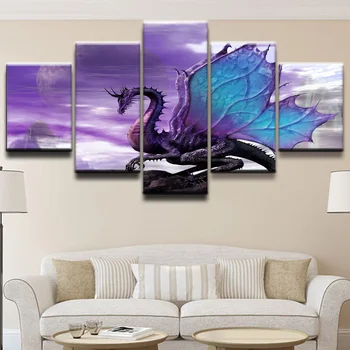 Lõuend Maali Seina Art Home Decor HD Pildid Raames 5 tk Dragon Fantaasia Lilla Pilte Kaasaegse Decor Magamistoaga Plakat