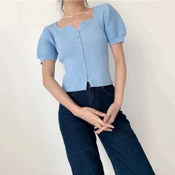 Lühikesed Varrukad Koo T-Särk Naiste Suvel 2021 Korea Fashion Sinine Retro Square Krae Slim Crop Top Tshirt Femme