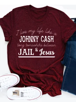 Ma Elan Oma Elu Nagu Johnny Cash Tee Usu Vangi Jeesus Särgid Palvetan, Mood Kantrimuusika Naiste T-Särk
