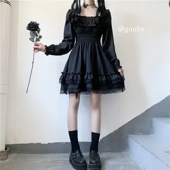 Magus Tüdruk Jaapani Armas Gooti Dark Angel Lolita Kleit Vintage Square Krael Pits Õmblemine Puhvis Varrukad Seksikas Goth Naine Kleit