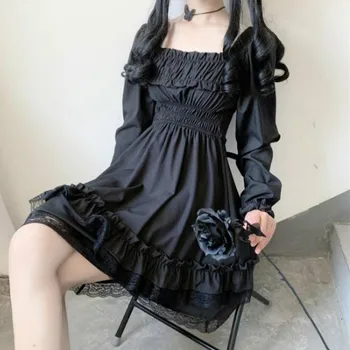 Magus Tüdruk Jaapani Armas Gooti Dark Angel Lolita Kleit Vintage Square Krael Pits Õmblemine Puhvis Varrukad Seksikas Goth Naine Kleit