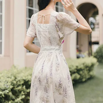 Magus Vintage Midi Kleit Naiste Vabaaja Lühikesed Varrukad Elegantne Pits Foral Kleit Korea Naiste Õhtu Pool Stiilne One Piece Kleidid
