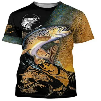 Meeste 3D kalapüügi print T-särk, mood ümber kaela lühikese varrukaga T-särk, lõbus T-särk