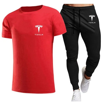 Meeste Kaks Tööd Spordi T-särk ja Püksid Brändi Vabaaja Tesla Kirja prindi Sport Ülikond Mood Puhtast Puuvillast Spordirõivad Suvel 2021