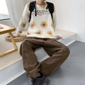 Meeste Lill Trükitud Pulloverid Värske Disainer Mõõdus Jaapani Paar Teismelised Korea Stiilis Trendikad Noored Kampsunid Kevadel Slouchy