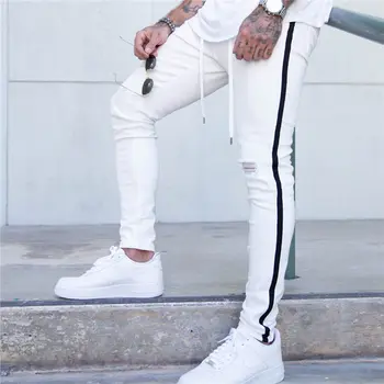 Meeste Musta Triibuline Printimine Auk Kõhn Valge Vintage Teksad Moes Ripitud Õhuke Denim Püksid Meestele 2020 Mees Hip-Hop Jean Püksid