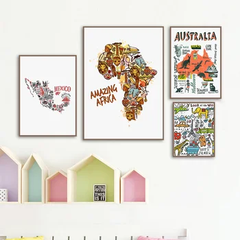 Mehhiko Aafrika, Austraalia Kaart Travel Loomade Seina Art Lõuend Maali Nordic Plakatid ja Pildid Seina Pilte Baby Kids Home Decor