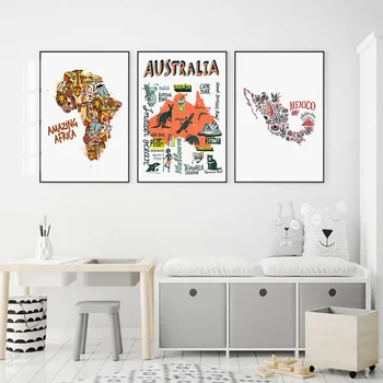 Mehhiko Aafrika, Austraalia Kaart Travel Loomade Seina Art Lõuend Maali Nordic Plakatid ja Pildid Seina Pilte Baby Kids Home Decor