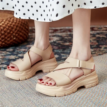 Meotina Naiste Sandaalid Kingad Loomulik, Ehtne Nahk Sandaalid Platvorm Kiilud Kõrge Kontsaga Kingad Square Varba Ladies Jalatsid Suve