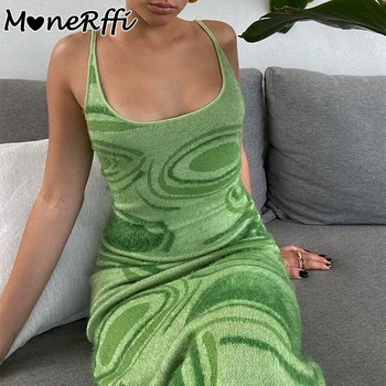 MoneRffi Suvine Kleit 2021 Prindi Koo Bodycon Naised Roheline Y2K Suvel Õõnes Välja Seksikas Varrukateta Spagetid Rihm Beach Midi Kleit