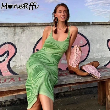 MoneRffi Suvine Kleit 2021 Prindi Koo Bodycon Naised Roheline Y2K Suvel Õõnes Välja Seksikas Varrukateta Spagetid Rihm Beach Midi Kleit