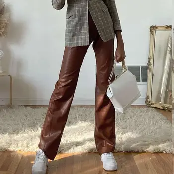 Mood Y2K Faux Nahast Püksid Naiste Sirge, Taskud Sügisel Elegantne Kõrge Vöökoht Püksid Office Lady Slim Vintage Püksid