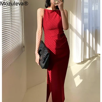 Mozuleva 2021 Suve-Line Varrukateta Punane Kleit Naistele Elegantne Ruffles Maha Õla Seksikas Pikad Kleidid Naine-line Vestidos