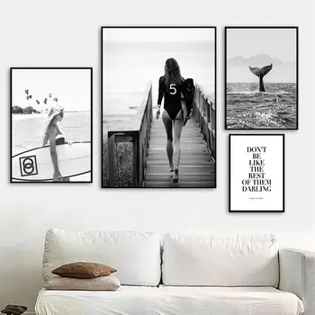 Must Ja Valge Mood Jaht Seksikas Naiste Seina Art Plakat Vaal Ookeani Lõuendile Maali Hinnapakkumisi Art Prints Kaasaegne Pilt Home Decor