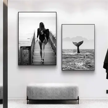 Must Ja Valge Mood Jaht Seksikas Naiste Seina Art Plakat Vaal Ookeani Lõuendile Maali Hinnapakkumisi Art Prints Kaasaegne Pilt Home Decor