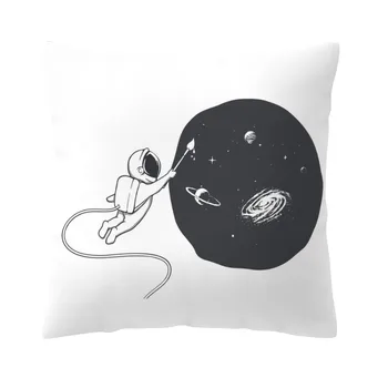 Must Ja Valge Tänapäeva Cartoon Padi Planeedi Astronaut Prindi Padi Kodu Kaunistamiseks Elutuba 45*45 Virsiku Nahk Padi