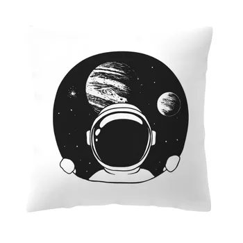 Must Ja Valge Tänapäeva Cartoon Padi Planeedi Astronaut Prindi Padi Kodu Kaunistamiseks Elutuba 45*45 Virsiku Nahk Padi