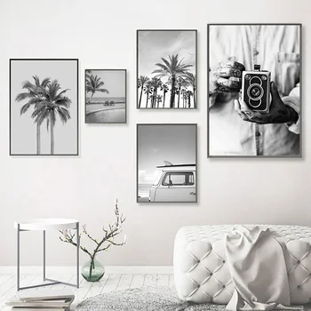 Must-Valge Foto Palm Tree Auto Surf Vihmavari Seina Art Maali Nordic Plakatid Ja Pildid Seina Pildid Elutuba Decor
