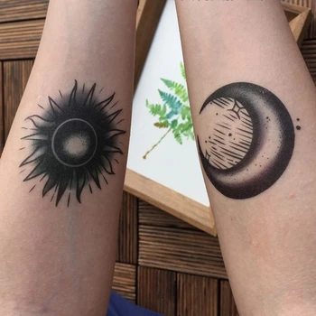 Must Valge Sun Moon Tätoveering Kleebised Püstol Line Veekindel Tume Arm Body Art Võltsitud Tattoo Mehed ja Naised, Ajutine Tätoveering Kleebis