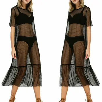 Must Võre Õhuke Vaata Kaudu Kleit Seksikas Naiste Dot Print Kleit Vestidos Naiste Lühikesed Varrukad Ümber Kaela Suvel Beachwear Kleidid