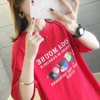 Mõõdus T-särgid korea Japanes Tüdrukud Lahtine Suvel Tees Harajuku O-kaeluse Punane Peace Prindi Tops Naiste Puuvillane tshirt Riided 62843