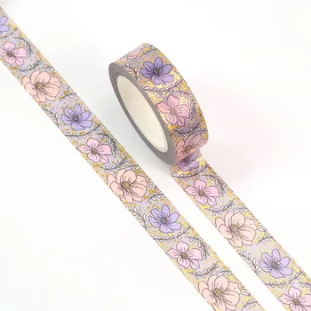 NEW 1PC Decorative Gold Foil Daisy Purple Flowers Washi Tapes Paper for Bullet Journal Adhesive Masking Tape Kawaii Stationery