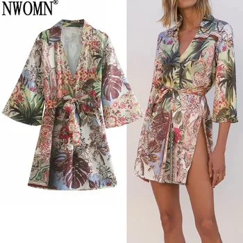 NWOMN Za 2021 Kimono Naiste Tuunika Vintage Print Naine Särk Suvel Top Naine Õie Stiilne Pluus Elegantne Seotav Vöö Pikad Särgid 7247