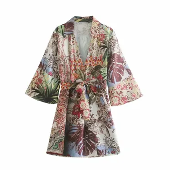 NWOMN Za 2021 Kimono Naiste Tuunika Vintage Print Naine Särk Suvel Top Naine Õie Stiilne Pluus Elegantne Seotav Vöö Pikad Särgid