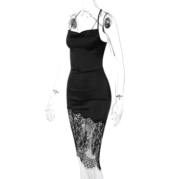 Naine Satiin Kleit Backless nöörima Kapott Kaelusel Pits Segast Black Midi Seksikas Tõsta Kleit Lady Elegantne Suvine Rüü 2021 Uus