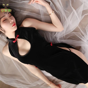 Naine Üllas Seksikas Kleit Hiina Must Backless Sidemega Päitsed Nightgowns Qipao Vintage Võrgutav Cheongsam Ühtne 2021 Uus