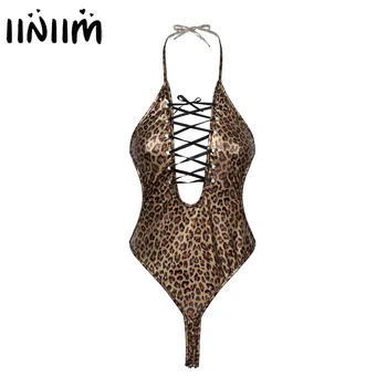 Naised, Daamid Leopard Printida Erootiline Seksikas Catsuit Pits-up Faux Nahast Bodysuit Bodystocking Backless Cutout Catsuit Leotard Kõhn