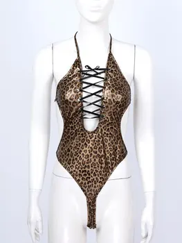 Naised, Daamid Leopard Printida Erootiline Seksikas Catsuit Pits-up Faux Nahast Bodysuit Bodystocking Backless Cutout Catsuit Leotard Kõhn