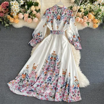 Naiste 2020. aasta Uus Mood Trükkimine Lukk Värvel Kõrge Vöökoht Salenemisele Elegantne Kleit Lady Pikad Varrukad Vintage Vestidos M918