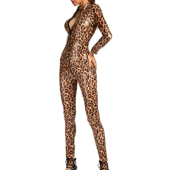 Naiste Jumpsuits Leopard Faux Nahast Catsuit PVC Lateks Bodysuit Ees Tõmblukk Avatud Jalgevahe Playsuit ööklubi Pesu Kostüümid 170107