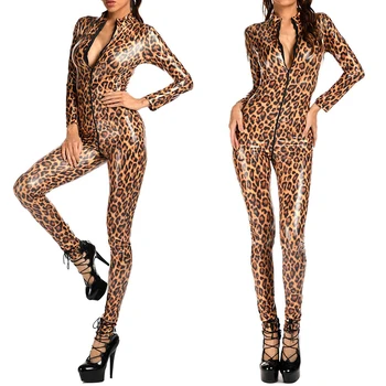 Naiste Jumpsuits Leopard Faux Nahast Catsuit PVC Lateks Bodysuit Ees Tõmblukk Avatud Jalgevahe Playsuit ööklubi Pesu Kostüümid