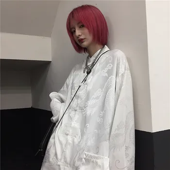 Naiste Mees Pluus Dragon Prindi Harajuku Streetwear Hiina Stiilis Seista Krae, Lukk Vintage Must Valge Särk Blusas
